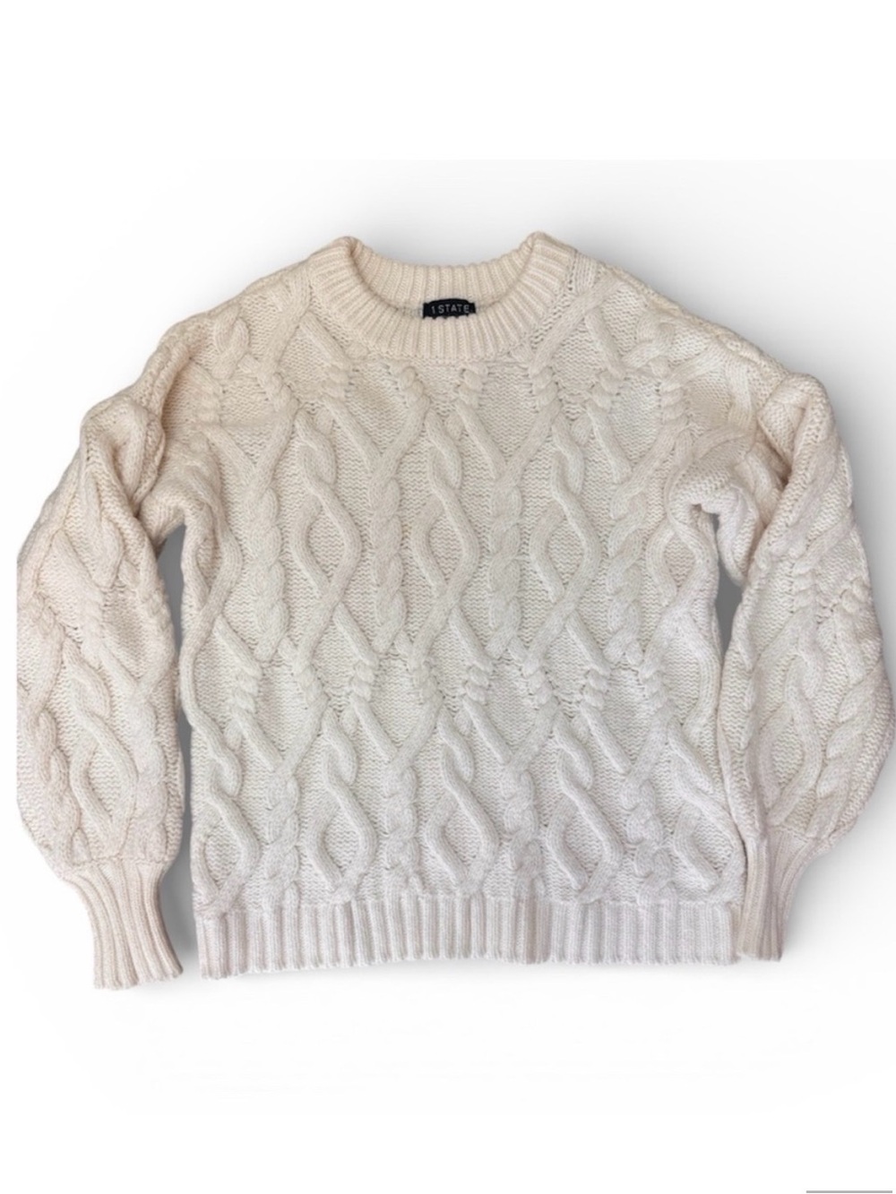 1.STATE Ivory Cable Knit Sweater XS Cream Cotton Blend Chunky Crewneck Knit - Picture 2 of 5